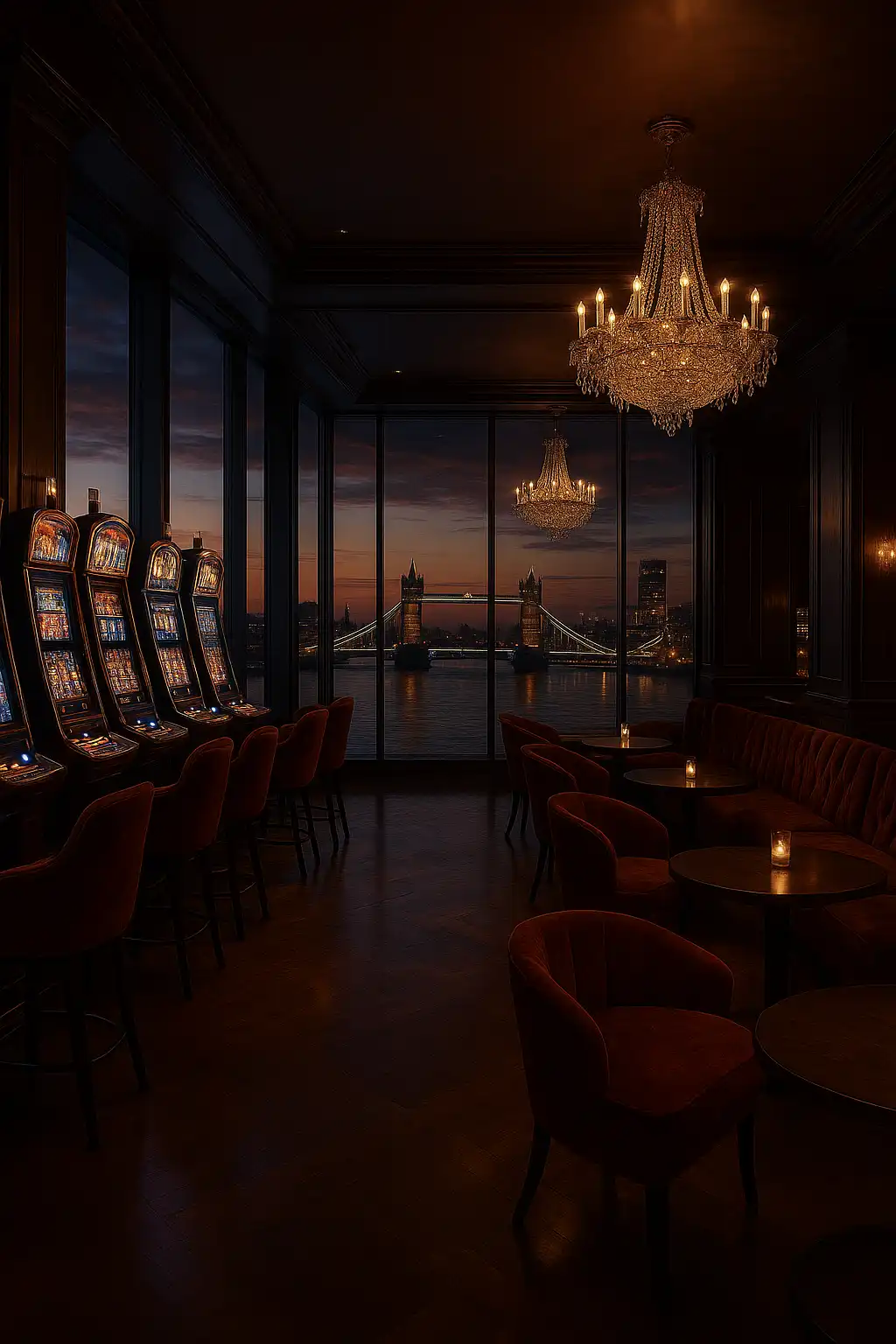 Elegant Thames riverside casino floor at dusk with slot machines and chandeliers